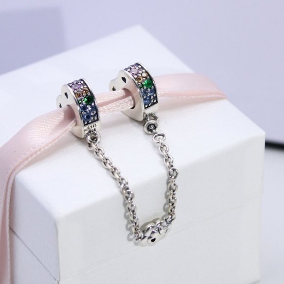 Pandora Rainbow Hearts & Cloud Safety Chain Charm - Picture 1 of 5